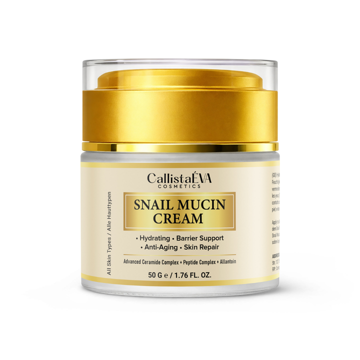 Callista cosmetics Snail Mucin Cream in a 50g jar with a gold metallic lid and cream-colored label, set against a plain white background.