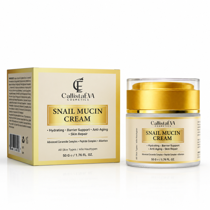 CallistaVA Cosmetics Snail Mucin Cream shown with its gold and beige outer box and a clear jar with a gold lid on a white background.